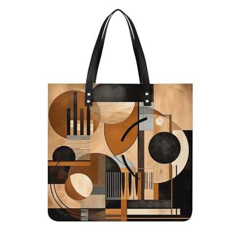 Beige And Black Objects Tote Bag for Women, Large PU Leather Handbag, Reusable Shopping Bag for Work, Travel, Beach