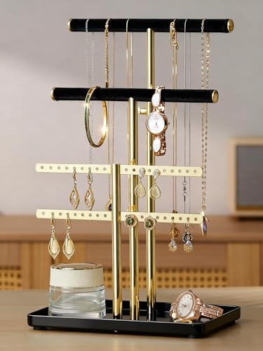 pickpiff Jewelry Holder Organizer with Velvet, Adjustable 10"-17" Tall, Metal Stand for Display Bracelet, Necklace, Earrings, Rings, Black and Gold - color: Gold and Black