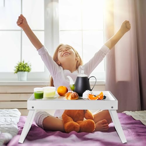 Bamboo Bed Tray Table with Folding Leg, Breakfast in Bed Tray for Eating,Kitchen Serving, Food, Sofa, Snacking or Working, Laptop Desk Dinner(1, White) - color: White