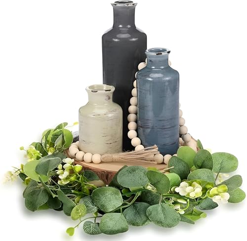 Geelin 6 Pcs Boho Rustic Table Centerpieces, 3 Modern Ceramic Vases, Wooden Slice Tray, Farmhouse Wood Beads Garland with Tassel, Artificial Vines for Dining Home Table Decor(Morandi) - color: Morandi
