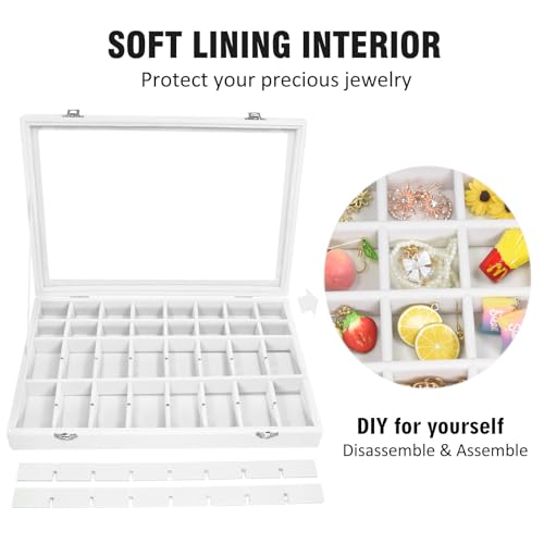 Vicoter Velvet Jewelry Tray 48 Compartments Jewelry Display Organizer with Transparent Cover Rings, Earrings, Necklaces, Pendants Storage Box for Girls, Wives, Mothers, Women - color: Ivory, size: 48 Grid