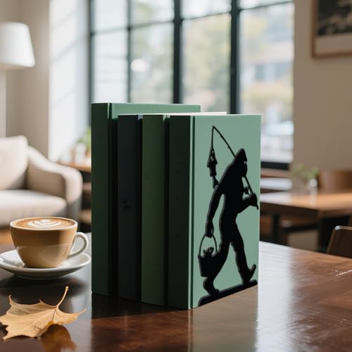 WADORN Bigfoot Fishing Metal Decorative Bookend for Shelves 1 Pair, Heavy Duty Book Ends Unique Non-Skid Books Holder Stand Black Book Support Stoppers for Desk Bookshelf Office Home, 5.3x4.3x7.9 Inch - color: Funny Bigfoot