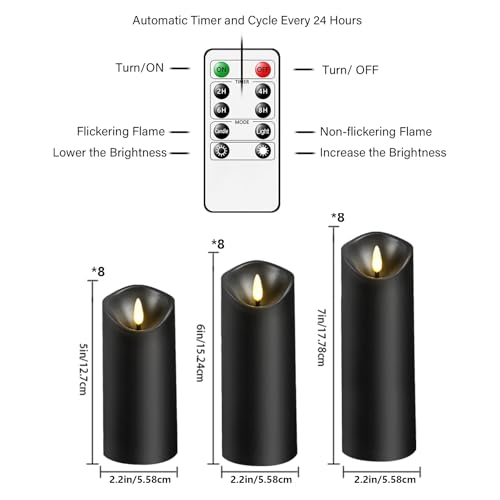 kakoya Flickering Flameless Candles, Battery Operated Plastic LED Pillar Candles with Remote Control and Timer, Set of 24 (Black) - color: Black-24pcs