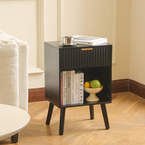 Fultyle Fluted Black Nightstand with Charging Station, Mid Century Modern Bedside Table with Drawers and Outlet,Side Tables Living Room, Wooden Night Stand for Bedroom, Office (Black) - color: Black With Charging Station