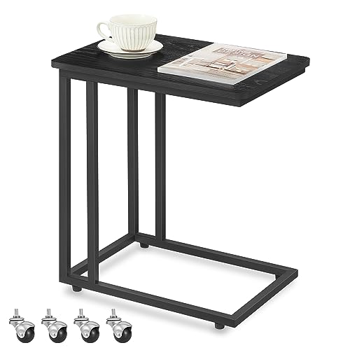 VASAGLE End Table, C Shaped TV Tray with Metal Frame Rolling Casters for Coffee Laptop Mobile Tablet, Industrial Side Table for Living Room Bedroom, 19.7 x 13.8 x 23.6 Inches, Ebony Black, ULNT050B56 - color: Ebony Black
