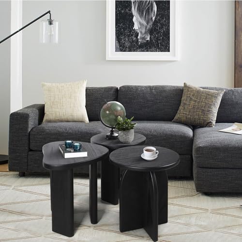 Oakrain End Table with Pedestal, Wood Side Table Bedside Sofa Couch, Modern Nightstand for Bedroom, Small Round Coffee Table for Living Room Office Balcony, Black - color: Black-round Shape