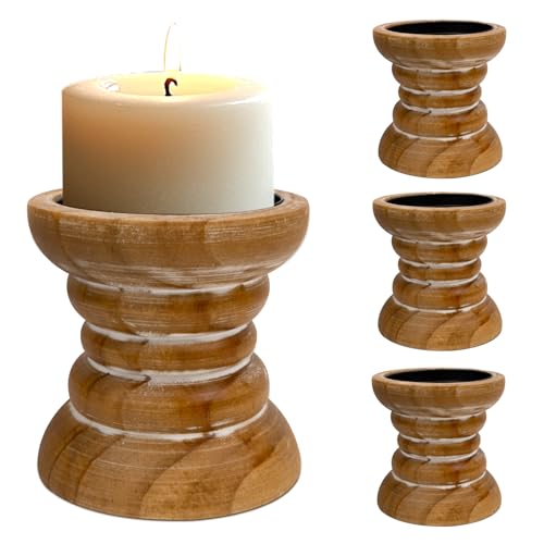 Pillar Candle Holder, Farmhouse Wood Candle Holder, Rustic Wooden Candle Stand, Vintage Small Wooden Candlestick Holders for Living Room, Table Centerpiece, Brown(4PCS) - color: Washedbrown, size: 4"H（4PCS）