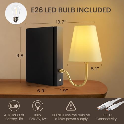 AELS Wooden Bookshelf Lamp with Bulb, Cordless Touch Dimmable Table Lamp with Linen Fabric Shade, Battery Operated, Modern Decorative Bookend, Book Sconce for Office Home Bedroom Bookshelf, Black - color: Black, size: Rechargeable Model