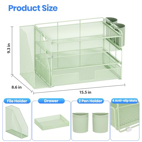OPNICE Desk Organizer, 4-Tier Desktop File Organizer with Drawer and 2 Pen Holders, Office Desk Accessories, File Sorters, Workspace Organizers for Office Supplies(Green) - color: Green, size: 4-Tier