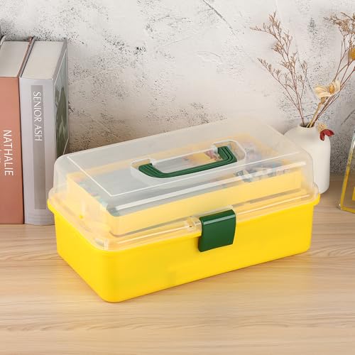 BTSKY 3-Layer Plastic Dividing Storage Box Craft Organizer with Adjustable Spacers Portable Handled Art Supply Organizer Multipurpose Home Utility Box for Sewing (Yellow+Green) - color: Yellow+Green