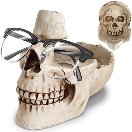 READAEER Skull Glasses Stand Holder, Creative Eyeglasses Holder, Sunglasses Spectacle Display Rack, Key Holder Resin Sculptures for Entryway, Home, Office, Desk, Nightstand (White) - color: White