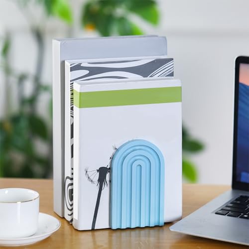 Harloon 4 Pcs Boho Arch Wooden Bookends, Decorative Rainbow Book Stoppers with Non-Slip Metal Base, 5x3x4 Inches, Cute Shelf Decor for Heavy Books, Home Office Study Desk Organizer(Denim Blue Color) - color: Denim Blue Color