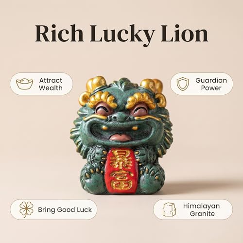 Natural Himalayan Granite Guardian Lion Figurine, Chinese Feng Shui Wealth-Attracting Ornamental Animal Sculpture, Green Good Luck Decorative Statues with Red Base for Home Tabletop Decor, Set of 1