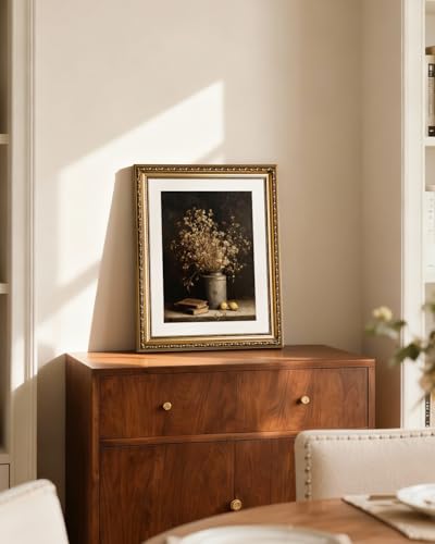 InSimSea Gold Picture Framed Wall Art, Living Room Vintage Dried Flowers Vase Wall Decor, Dark Moody Still Life Canvas Print Art, Home Farmhouse Decor, Antique Paintings with Frame 13x16inch - color: Gypsophila, size: 16"L x 13"W