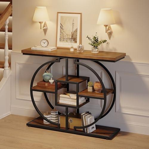 GiftGo Narrow Console Table for Entryway Industrial 4-Tier Sofa Table Behind Couch with Circle Base Rustic Wooden Accent Tables with Storage Shelves for Living Room, Hallway, Foyer (Brown) - color: Brown