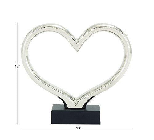 Deco 79 Ceramic Heart Decorative Sculpture Home Decor Statue with Black Base, Accent Figurine 13" x 3" x 12", Silver