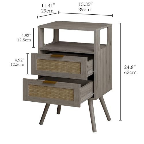 JOONEE Rattan Nightstand,Farmhouse Bedside Table with 2 Storage Drawer and Open Wood Shelf, for Bedroom and Small Spaces,Night Stand with Solid Wood Legs (Grey Oak) - color: Grey Oak