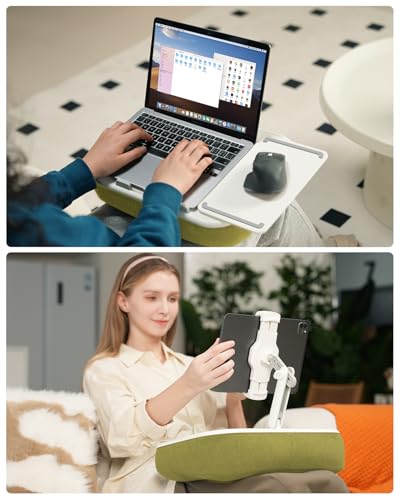 Viozon Kindle Pillow Stand Holder, Phone Holder for Bed, Laptop Lap Desk with Mouse Pad,Compatible with 4.7-13" Kindle/Tablet/Phone,10-15" Laptop, Snack Bowl&Cup Attachment&Detachable 360° Stand Arm - color: Green
