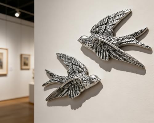 AMOIENSIS Bird Wall Sculpture Art, (Set of 2) 4¾ inch Resin Metallic Silver Bird 3D Sculpted Floating Hanging Wall Sculpture Decoration - color: Metallic Silver