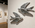 AMOIENSIS Bird Wall Sculpture Art, (Set of 2) 4¾ inch Resin Metallic Silver Bird 3D Sculpted Floating Hanging Wall Sculpture Decoration - color: Metallic Silver