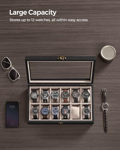 SONGMICS 12-Slot Watch Box, Watch Display Case with Large Glass Lid, Removable Watch Pillows, Velvet Lining, Gift Idea, Ebony Black UJOW120B01 - color: Ebony Black, size: 1 Layer 12 Slot
