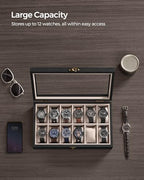 SONGMICS 12-Slot Watch Box, Watch Display Case with Large Glass Lid, Removable Watch Pillows, Velvet Lining, Gift Idea, Ebony Black UJOW120B01 - color: Ebony Black, size: 1 Layer 12 Slot