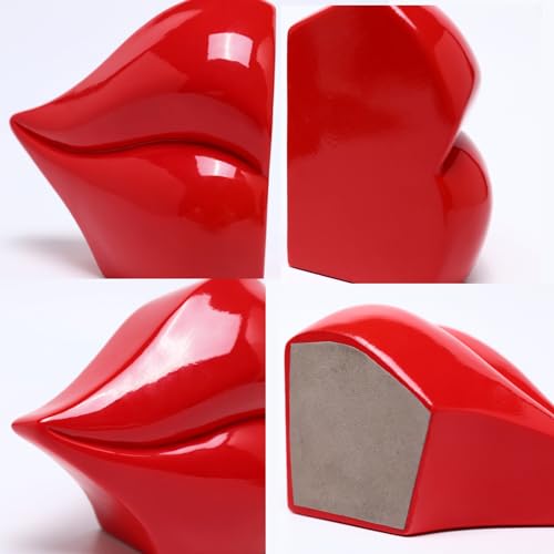 Red Lips Decorated Bookends，Set of 2 Heavy Decorative Book Stoppers，Unique Resin Decoration，Creative Desktop Red Decor for Study Room Hotel Office Shelves - color: Red Lips