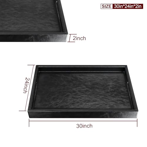 30x24 inches Rectangle Leather Ottoman Serving Tray with Hole Handles, Extra Large Modern Service Tray for Living Room, Coffee Table, Bed, Tea, Food, Countertop, Kitchen, Dinner, Picnic (Black) - color: Black, size: 30" x 24" x 2"