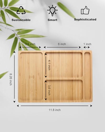 Valet Tray, Built-in Wireless Charger, Nightstand Organizer, Bamboo Desk Bedside Caddy Organizer Tray for Men, EDC Catchall Trays for Keys, Watch, Phone, Jewelry