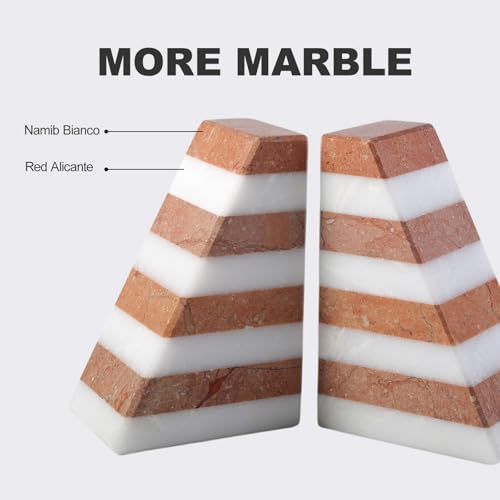 Karibiber Marble Book Ends, Non-Skid Bookends for Shelves, Composite Bookend with Natural Stone, Heavy Duty Book Stopper, Collected CDs and Oversized Books Organizer, White & Red Decorative Bookends - color: White&red