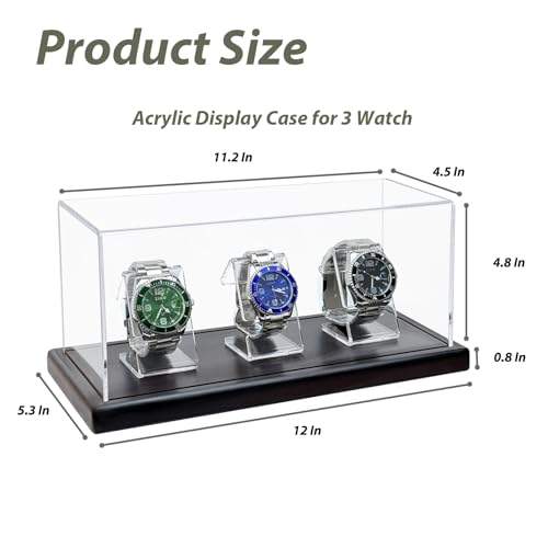 Acrylic Watch Display Case for 3 Watches with Solid Wood Base, Dustproof 3mm Clear Watch Showcase and Organizer for Men & Woman, Luxury Watch Stand - size: Display Case (No LED) For 3 Watch