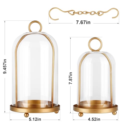 Glass Hurricane Candle Holder Decorative Gold Candle Lantern, Pillar Candlestick Holders Set of 2, Hanging Metal Holder Modern Table Centerpieces, Antique Brass - color: Gold