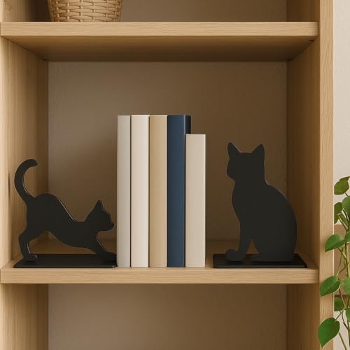 Cat Bookends, Black Metal Book Ends for Shelves, Stretching & Sitting Cat Silhouette Set, Heavy-Duty 0.08" Thick Steel, Decorative Book Holder for Home Office Desk, Gift for Cat Lovers - color: Black Cat