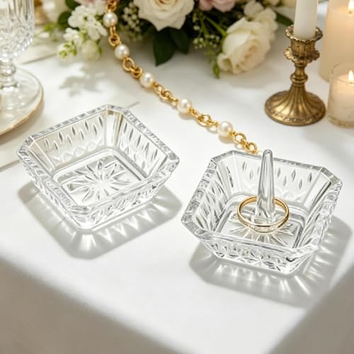 Clear Crystal Ring Holder Set of 2 Glass Jewelry Ring Dish Tray Gifts for Women on Engagement Wedding Party Mother's Day - color: clear-square
