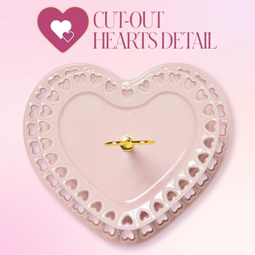 Paris Hilton 2-Tier Heart Serving Tray, Iconic Ceramic Stoneware with Metal Handle, Easy Assembly for Stylish Display, 9-Inch and 7-Inch Plates, Pink