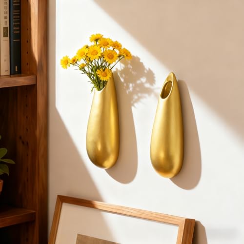 Sculptural Wall Ceramic Vase — 2 Pack Gold Hanging Sconce Vase | Turn Flowers into Art — Decorative Ceramic Wall Sconce for Single Stem Displays - size: 2pcs-Medium