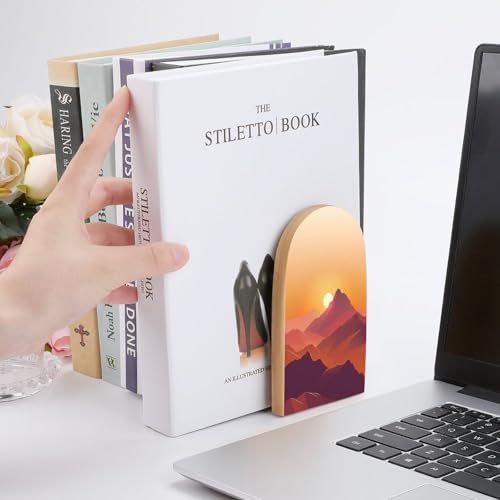 Sunset Wooden Bookends Shelves 2 PCS Mountain Sturdy Book Holders Desktop Organizer for Home Office Libraries - color: Color-2