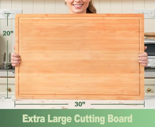 Allsum 30x20" Bamboo Cutting Board for Kitchen, Extra Large Wood Charcuterie Board with Side Handles and Juice Grooves, Stove Top Cover, Noodle Board over Sink, Cheese Serving Tray - size: 30"L x 20"W