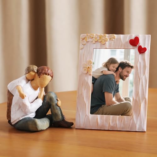 Father Daughter Figurine Personalized Birthday Fathers Day Valentines Gifts for Dad from Daughter 4.7"Resin Hand Painted Sculpture in Memory of Dad Statues for Home Decor(Frame for Free) - style: Father and Child Set