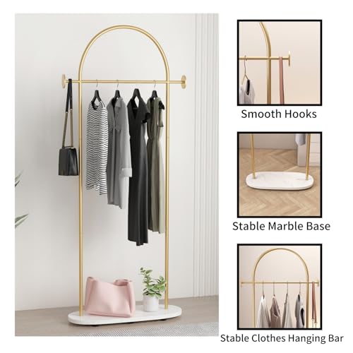Gold Clothing Rack with Marble Base, Modern Gold Coat Racks Freestanding with 2 Hooks, Heavy Duty Clothes Rack, Coat Rack Stand for Entryway, Bedroom, Living Room, Boutiques - style: Coat-23.6''W