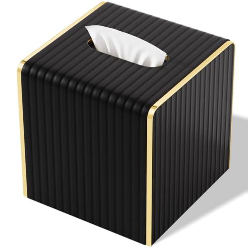 Tissue Box Cover,Black Square Luxury PU Leather Tissue Holder with Gold-Tone Edging Accents,Tissue Box Cover for Bathroom Toilet Bedroom Living Room Table Desk Office,Coffee Table Decor - color: Black, size: Square Standard