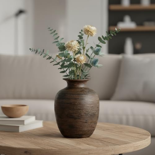 Rustic Ceramic Vase for Flower, Dark Brown Farmhouse Vases Home Decor, 7 inch Terra-Cotta Decorative Vases for Nightstand, Bookshelf, Office Desk, Kitchen Table Decor - color: Dark Brown