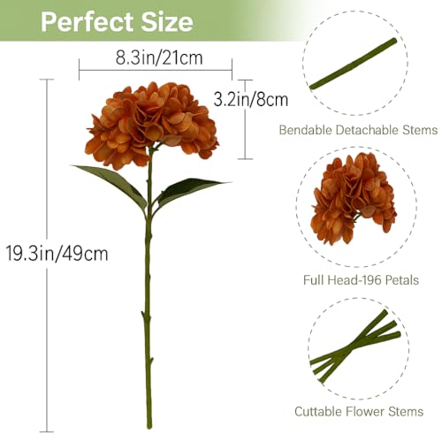6pcs Artificial Hydrangea Flowers - Easy to Shape for Home Decor,Commercial Staging & DIY Crafts, Maintenance-Free Fake Flowers in Multiple Color Options, Flores Artificiales(Autumn Orange) - color: Autumn Orange