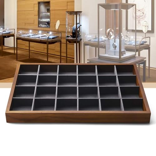 Oirlv 24 Grid Wood Jewelry Tray Microfiber Interior Jewelry Drawer Organizer Showcase Display Box Ring Earrings Holder(Grey) - color: Grey 24 grid tray
