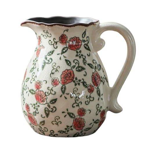 Vintage Ceramic Vase - 8.2 Inch Hand-Painted Roses with Ice Crackle Glaze Finish, American Farmhouse Style Pitcher Vase for Home Decor, Centerpiece, Shelf, Table, Office, Rustic Wedding Gift - color: Beige and Red-001