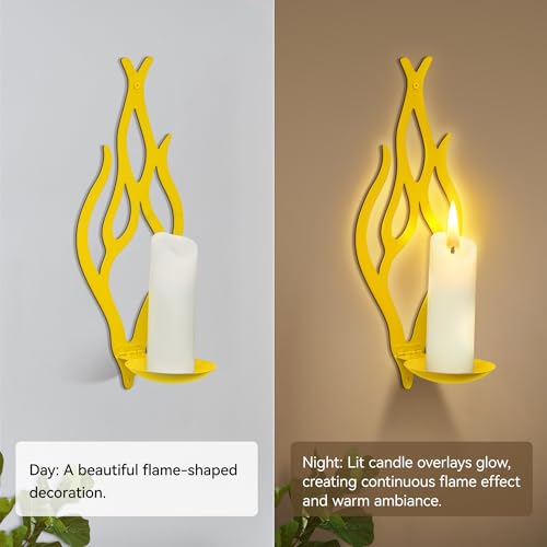 Wall Candle Sconces Set of 2, Modern Minimalist Metal Candle Holders for Pillar, Tealight, and LED Candles, Flame-Shaped Decorative Wall Decor for Living Room Dining Room (Golden Yellow) - color: Golden Yellow Flame-shaped
