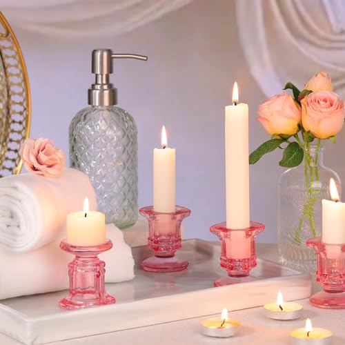 Pink Candlestick Holders Bulk, 12 Pcs Glass Candle Holders Set,Crystal Taper Candle Holder for Wedding, Table Centerpiece, Home Decoration - color: Pink
