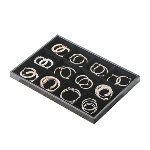 Jewelry Organizer Tray，Stackable Jewelry Drawer Organizer for Beads Rings Earrings Storage Display (Black, 12 Grids) - size: 12 Grids