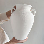 White Ceramic Pottery Barn Vase with Handles - 10" Large Decorative Terracotta Vase for Pampas Grass, Rustic Farmhouse Boho Vases for Home Decor, Living Room, Mantel, Table, Shelf - style: Sandstone White Pottery