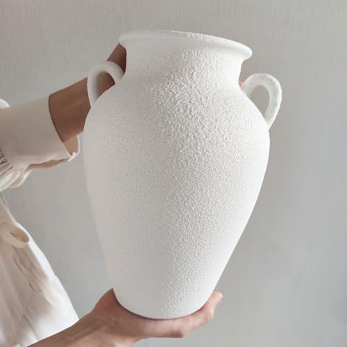 White Ceramic Pottery Barn Vase with Handles - 10" Large Decorative Terracotta Vase for Pampas Grass, Rustic Farmhouse Boho Vases for Home Decor, Living Room, Mantel, Table, Shelf - style: Sandstone White Pottery